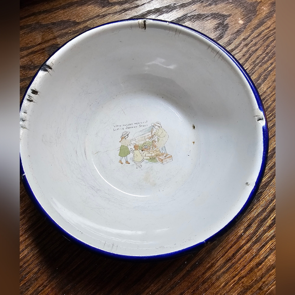 Vintage White Bowl with Blue Rim